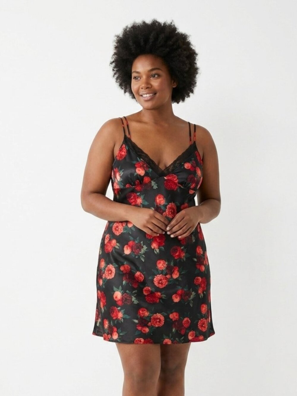 Ambrielle Slip Dress Black Red Floral Satin Y2K Babydoll Whimsigoth 2XL